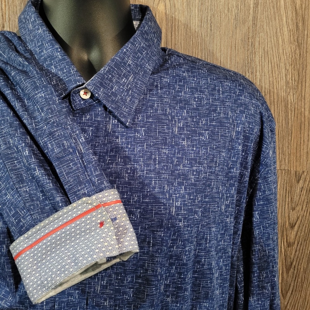 Buttercloth Long Sleeve Button Up Shirt 3XLT Blue Crosshatch Contrast Cuffs